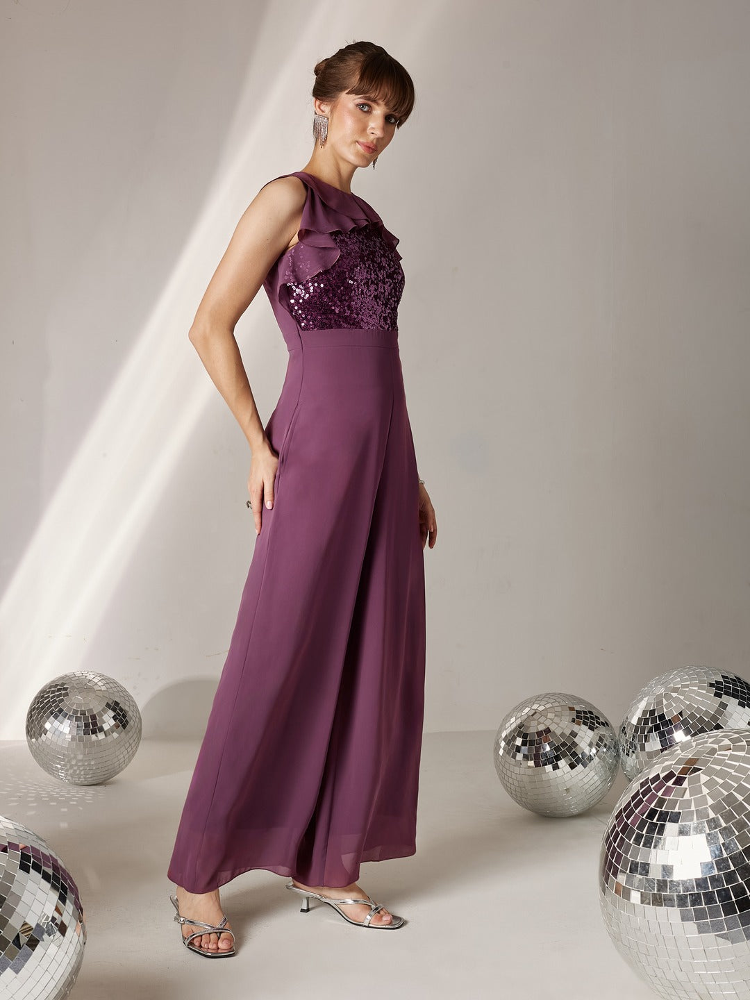Mauve Sleeveless Embellished Ruffle-Styled Jumpsuit for Women