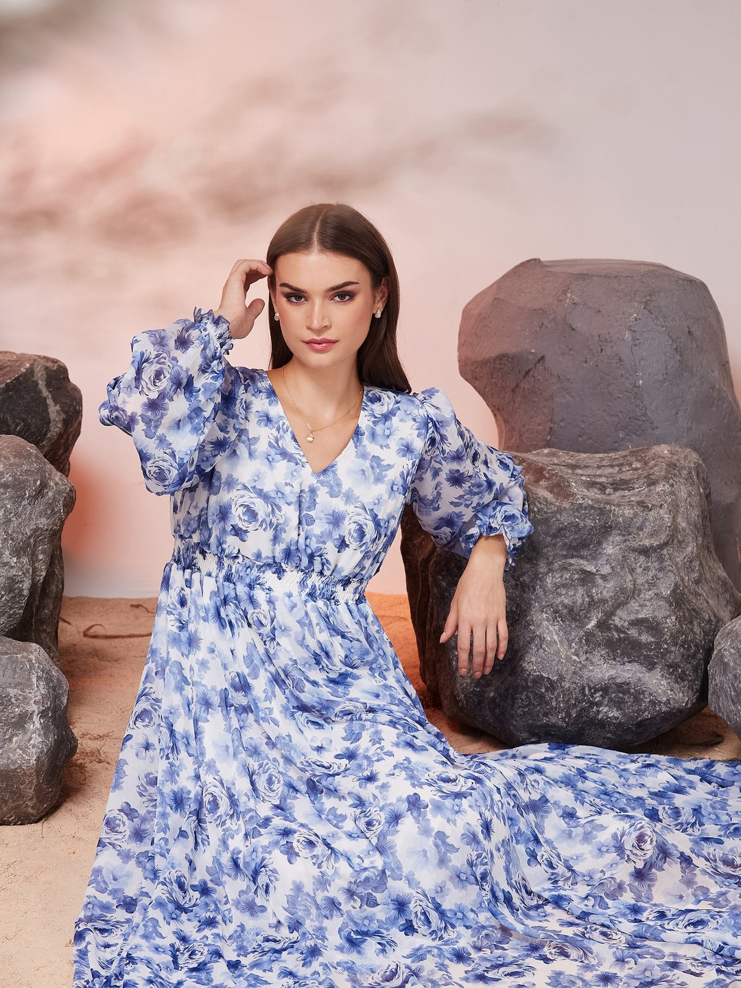 White V-Neck Full Sleeve Floral Gathered Chiffon Maxi Dress for Women