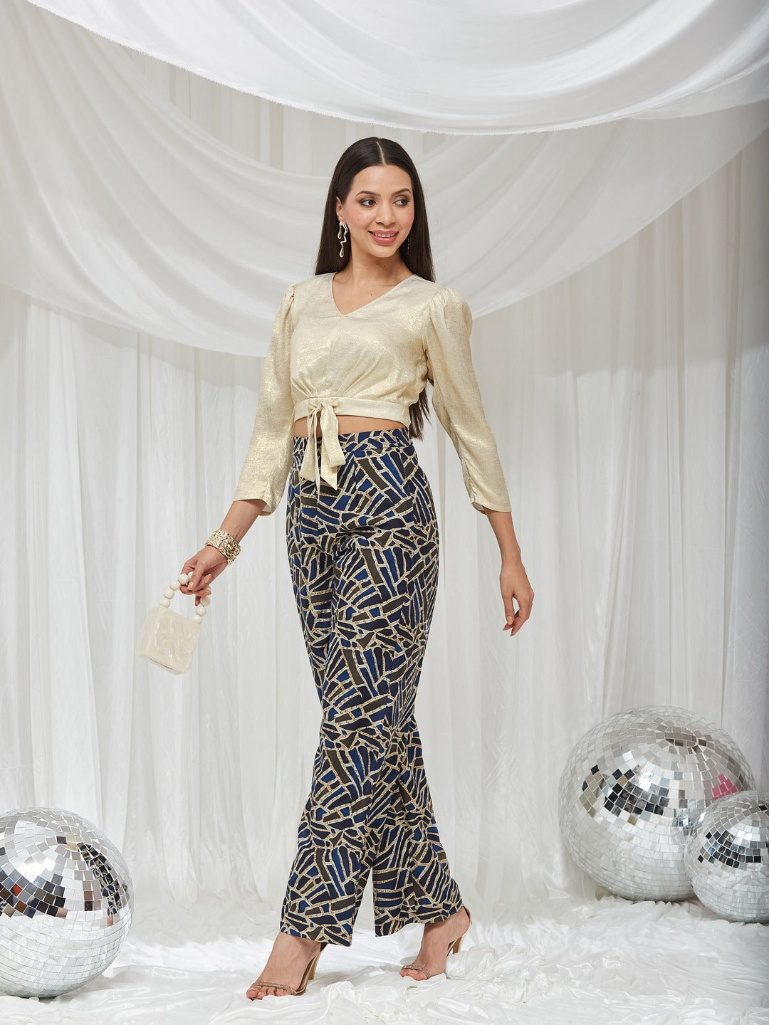 Cream V-Neck Full Sleeve Geometric Tie-Up Regular Co Ord Set for Women