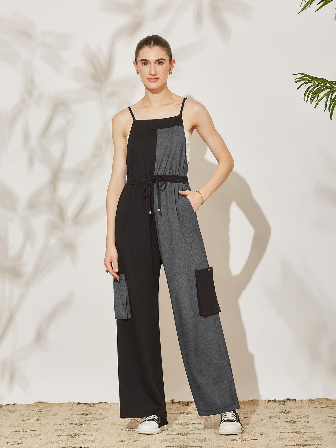 Black & Grey Square Neck Sleeveless Dual Tone Full Length Cotton Dungaree for Women