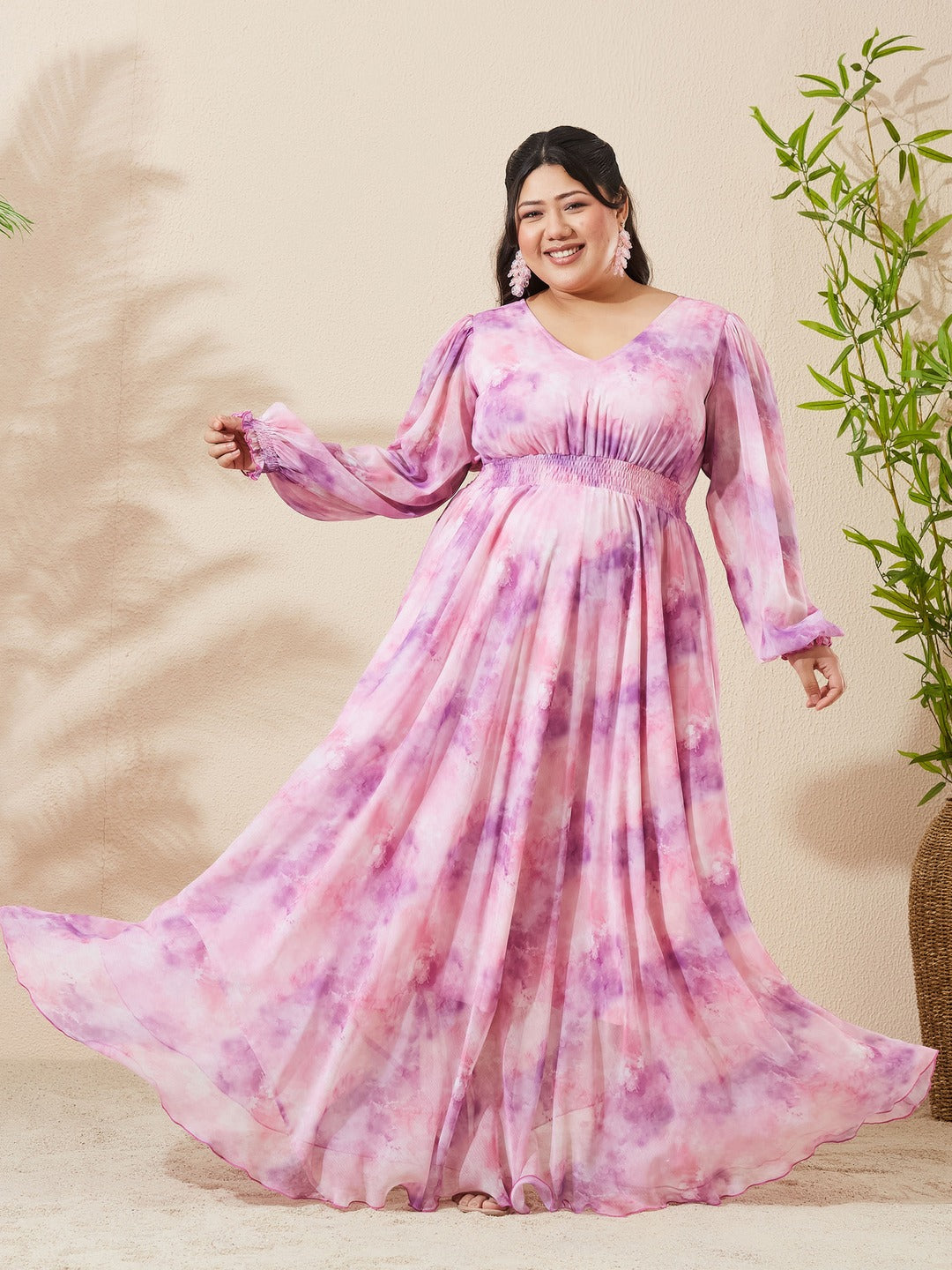Pink & Lavender Floral V-Neck Bishop Sleeve Smocked Chiffon Maxi Dress for Women