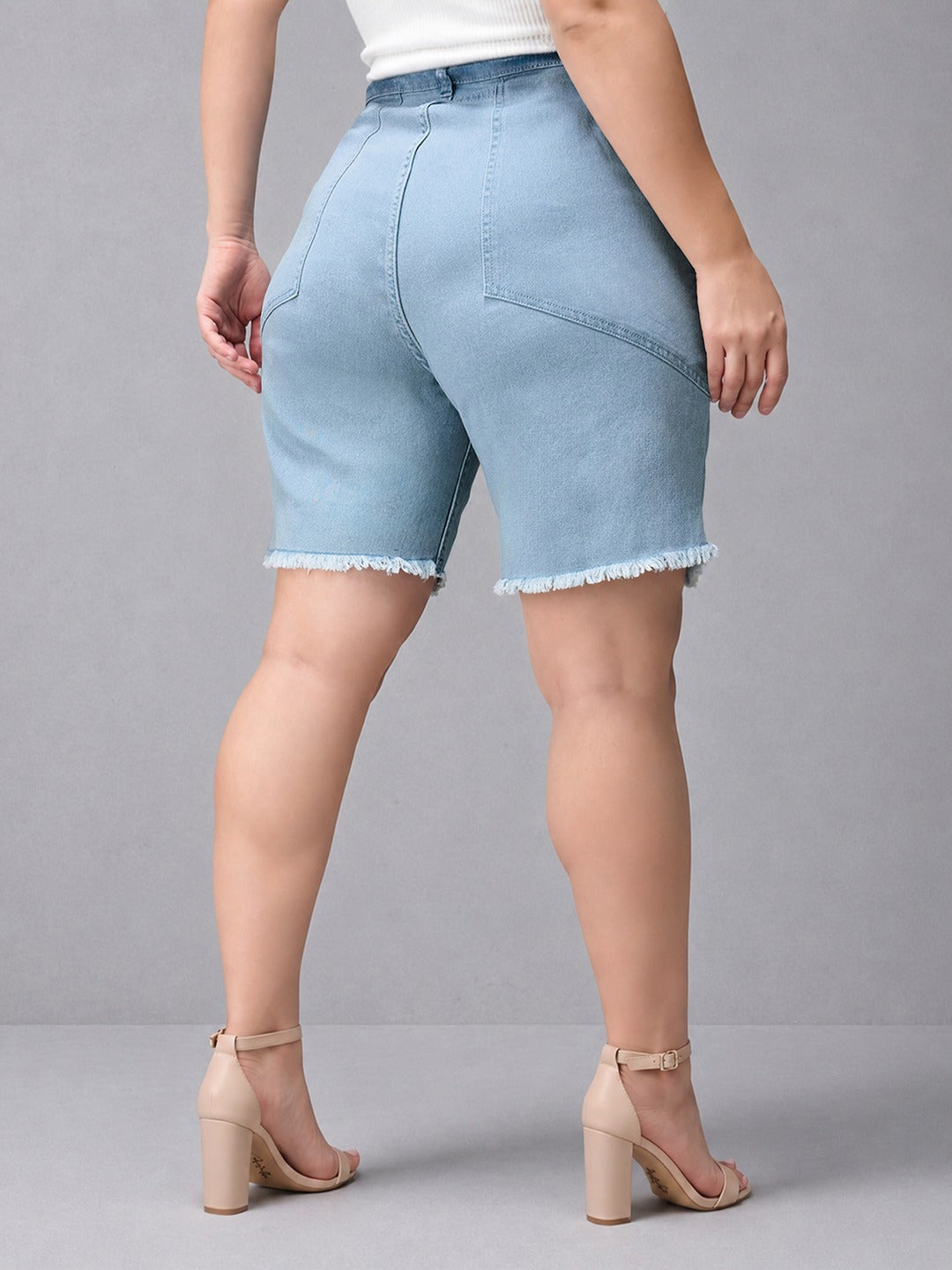Light Blue Regular High Rise Above Knee Stretchable Denim Shorts for Women