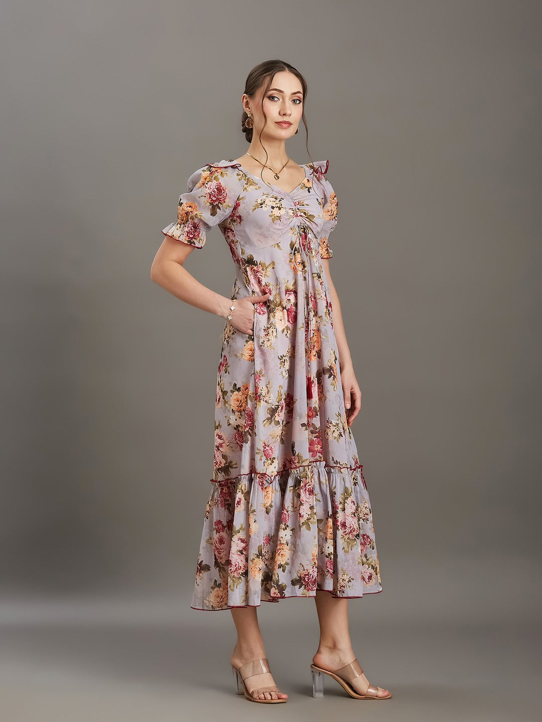 Multicolored Light Grey Sweetheart Puff Sleeve Tiered Georgette Maxi Dress for Women