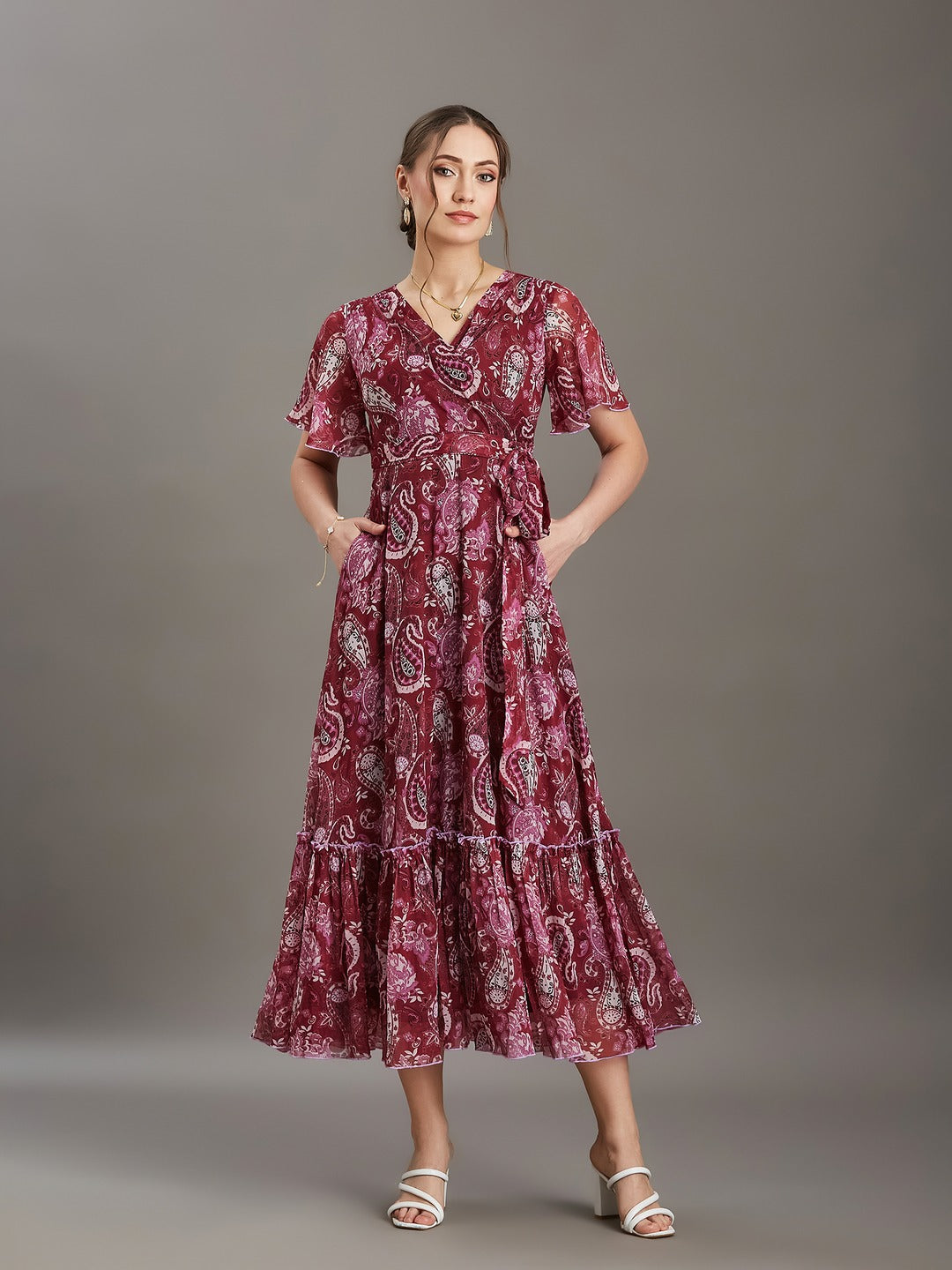 Wine V-Neck Half Sleeve Floral Wrap Maxi Chiffon Dress for Women