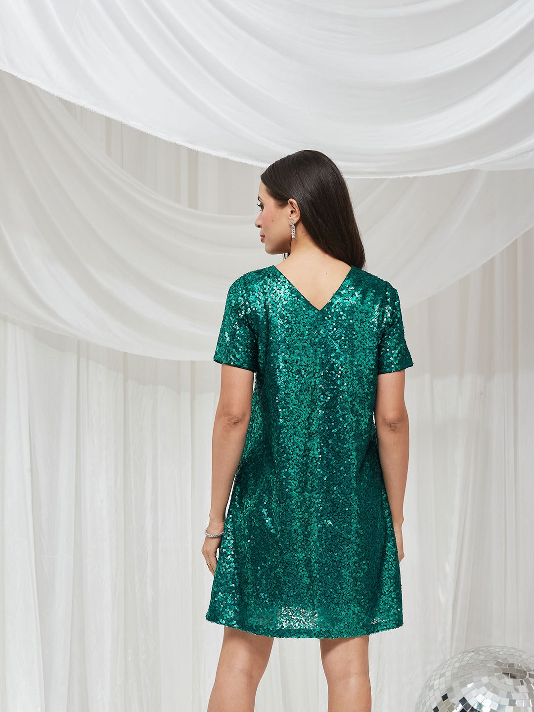 Emerald Round Neck Half Sleeve Embellished A-Line Mini Sequined Dress for Women
