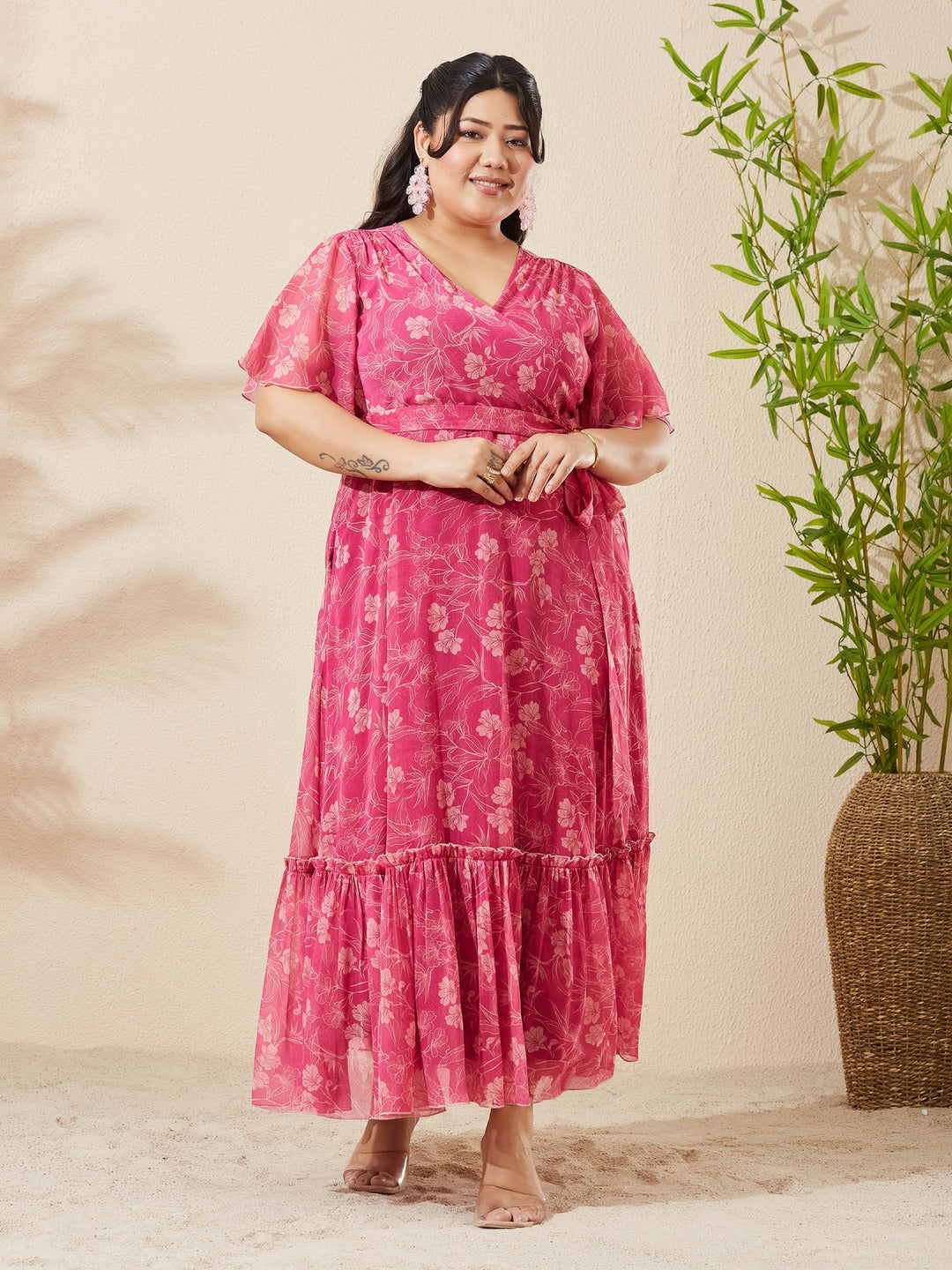 Pink Floral V-Neck Flared Sleeve Wrap Maxi Chiffon Dress for Women