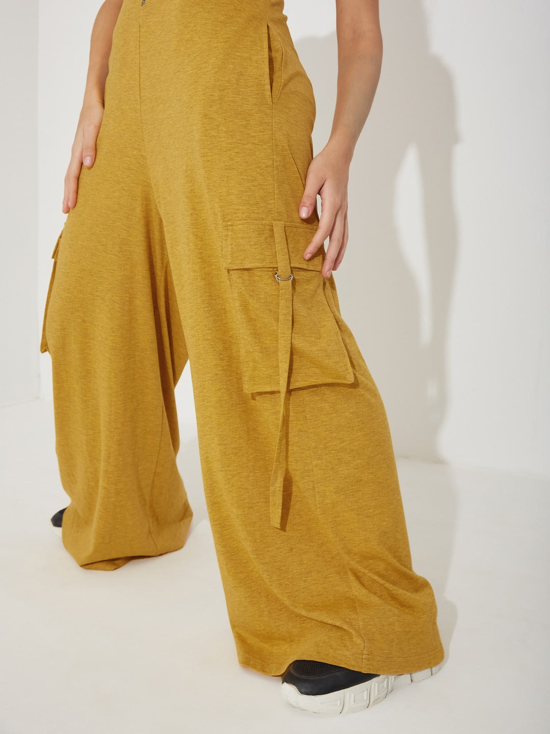 Gold and Grey Round Neck Half Sleeve Solid Regular Fit Cotton Dungaree Co-Ord Set for Women