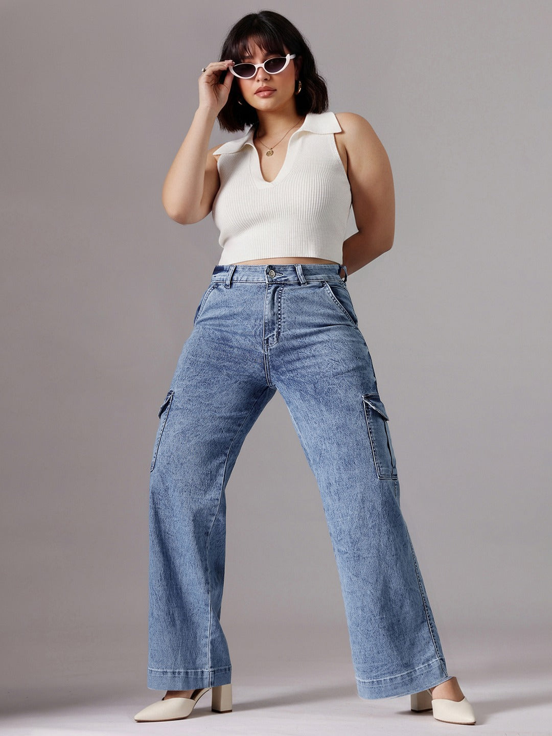 Light Blue Wide-Leg High-Rise Stretchable Flared Cargo Style Denim Jeans for Women