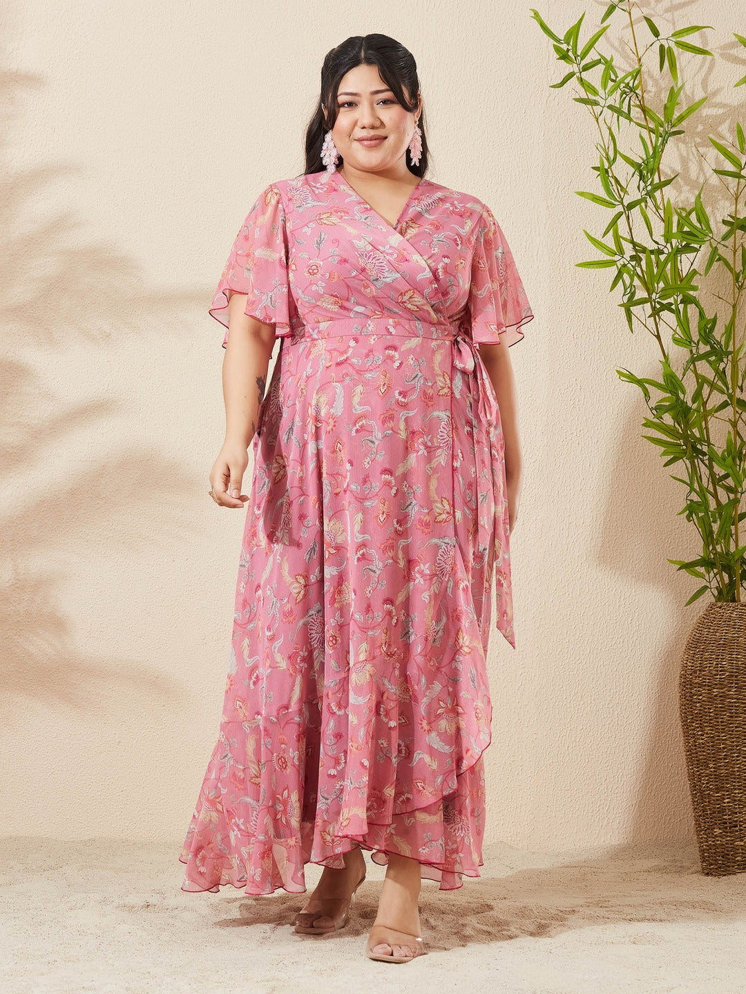 Desert Pink V-Neck Flared Floral Overlap Tie-Up Maxi Chiffon Dress for Women