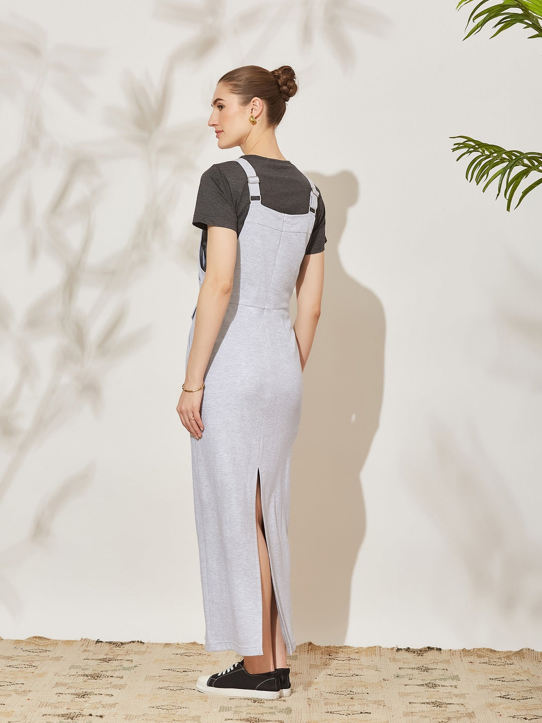 Grey and Black Solid Cotton Pinafore Maxi Co-ord Set with Utility Pockets for Women
