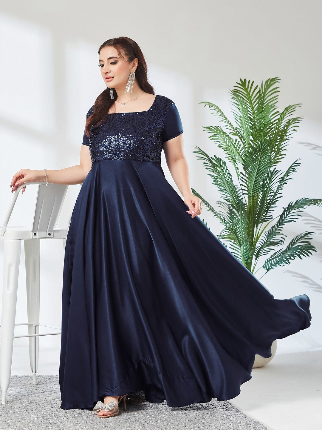 Navy Blue Square Neck Short Sleeve Embellished Polyester Fit & Flare Maxi Dress for Women