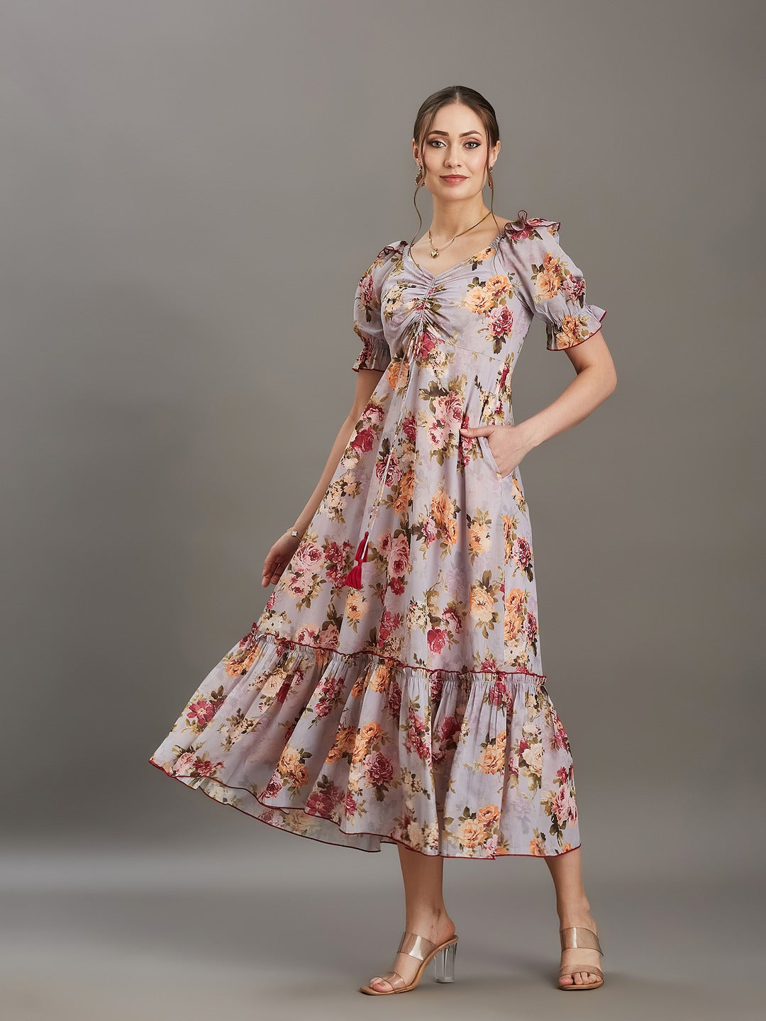 Multicolored Light Grey Sweetheart Puff Sleeve Tiered Georgette Maxi Dress for Women