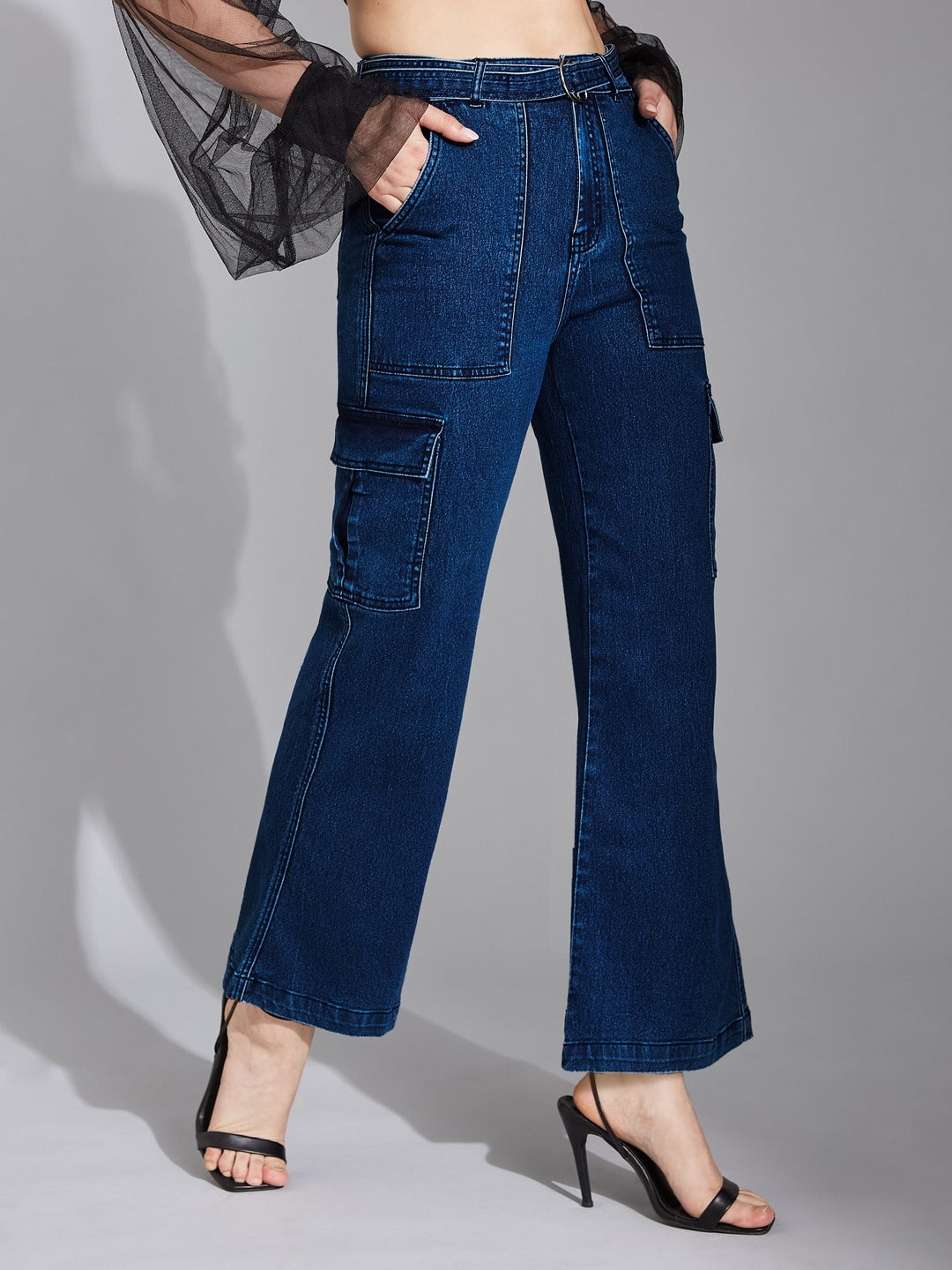 Blue Wide-Leg High-Rise Stretchable Corgo Denim Jeans for Women