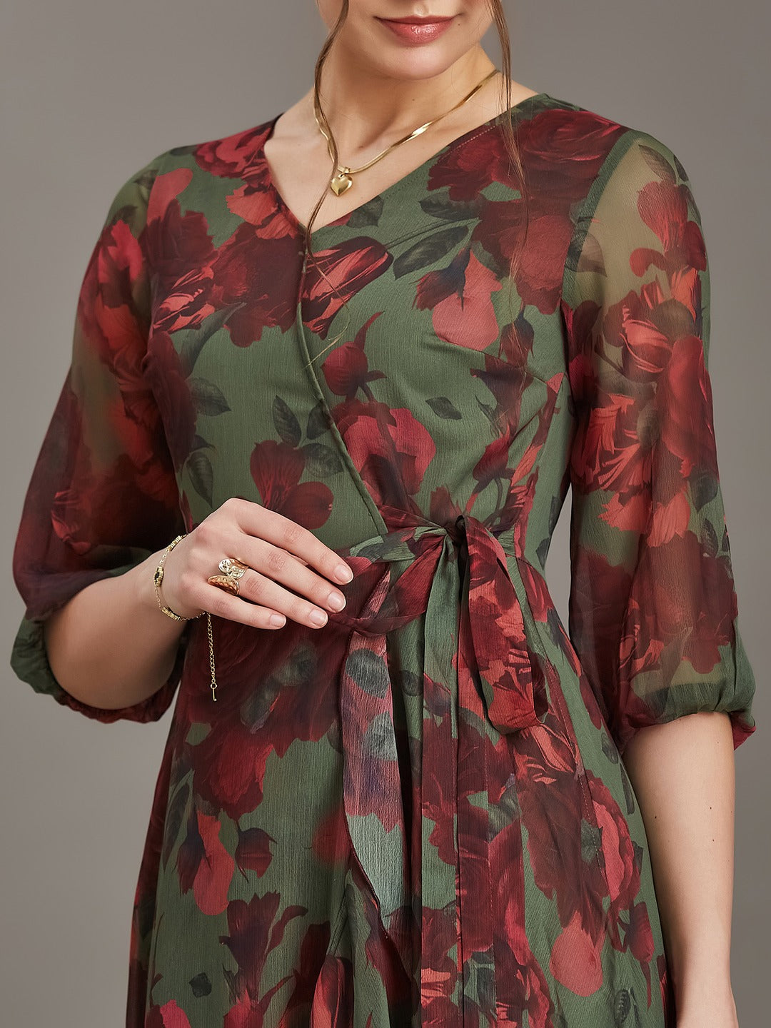 Olive & Wine Floral V-Neck 3/4 Sleeve Wrap Midi Chiffon Dress for Women