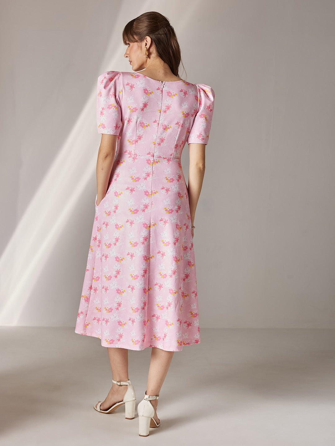 Pink V-neck Puff Sleeve Floral Wrap Midi Dress for Women