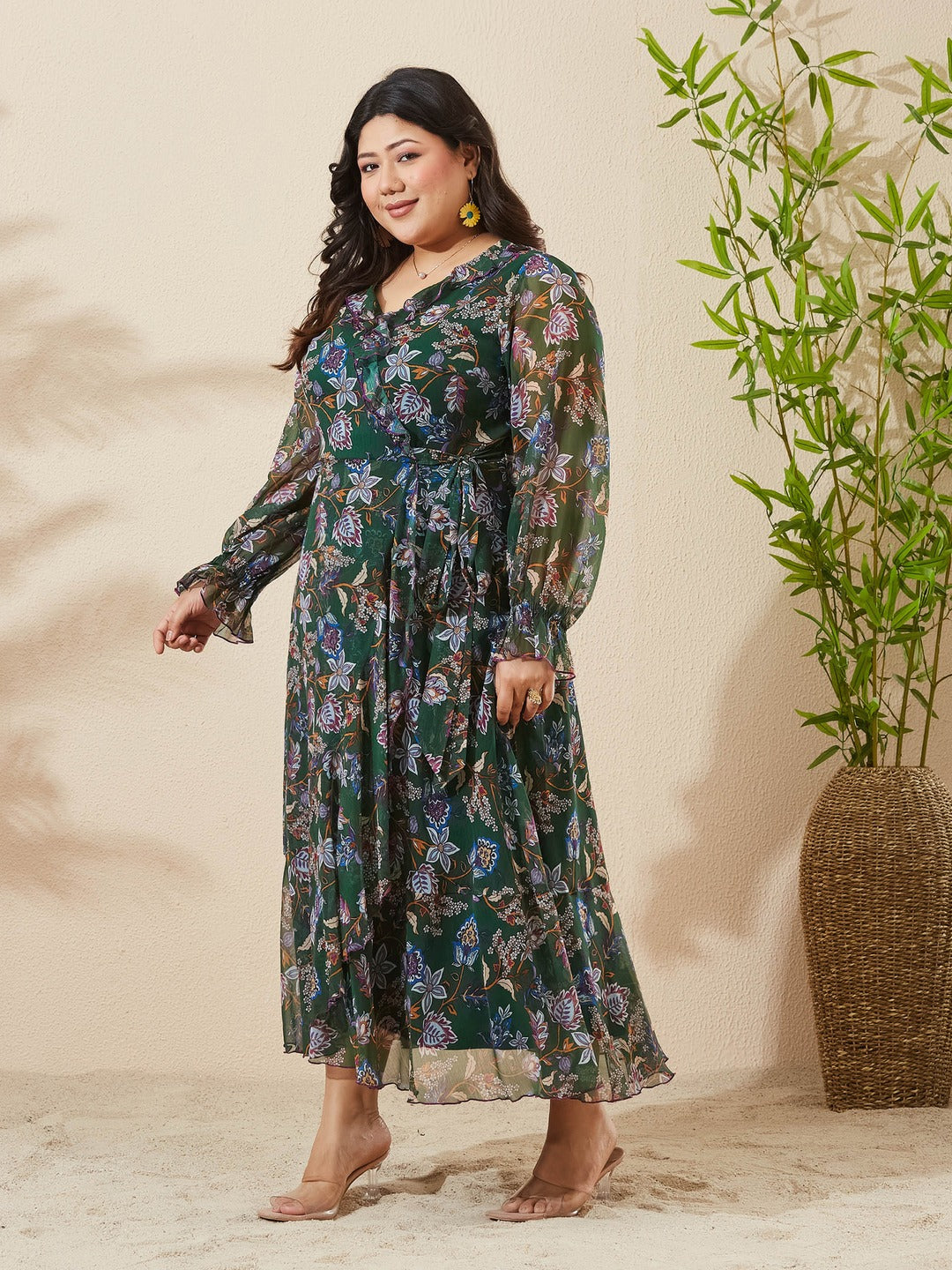 Forest Green Bohemian Ruffled Tie-Up Midi Chiffon Dress for Women