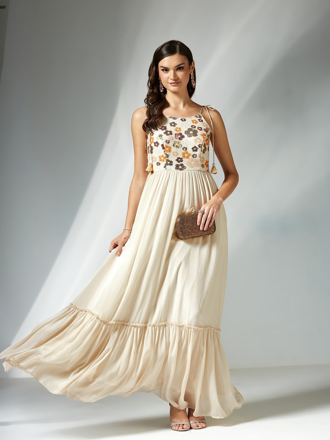 Cream Boat Neck Shoulder Tie-Up Embellished Tiered Maxi Chinon Dress for Women
