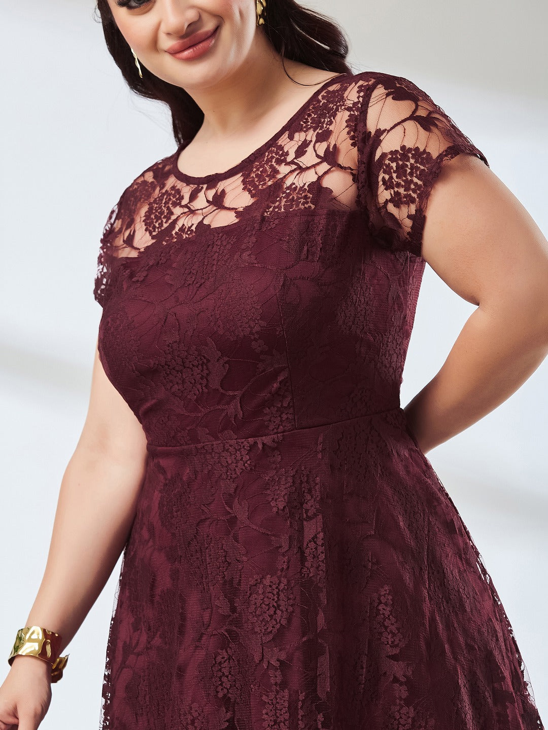 Wine Round Neck Cap Sleeves Lace Knee-Long Skater Dress for Women