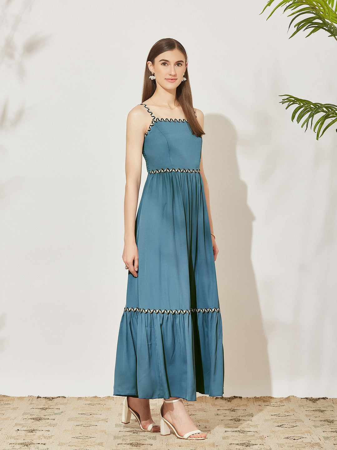 Azure Blue Square Neck Sleeveless Solid Tiered Maxi Crepe Dress for Women