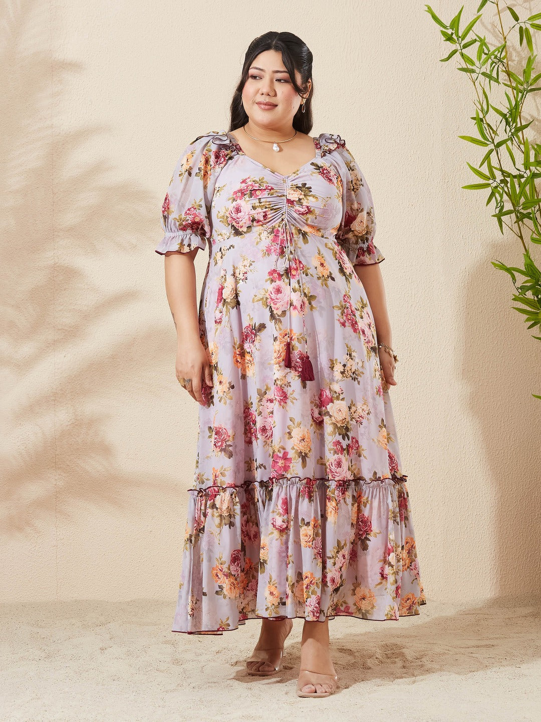 Light Grey Sweetheart Puff Sleeve Tiered Georgette Maxi Dress for Women