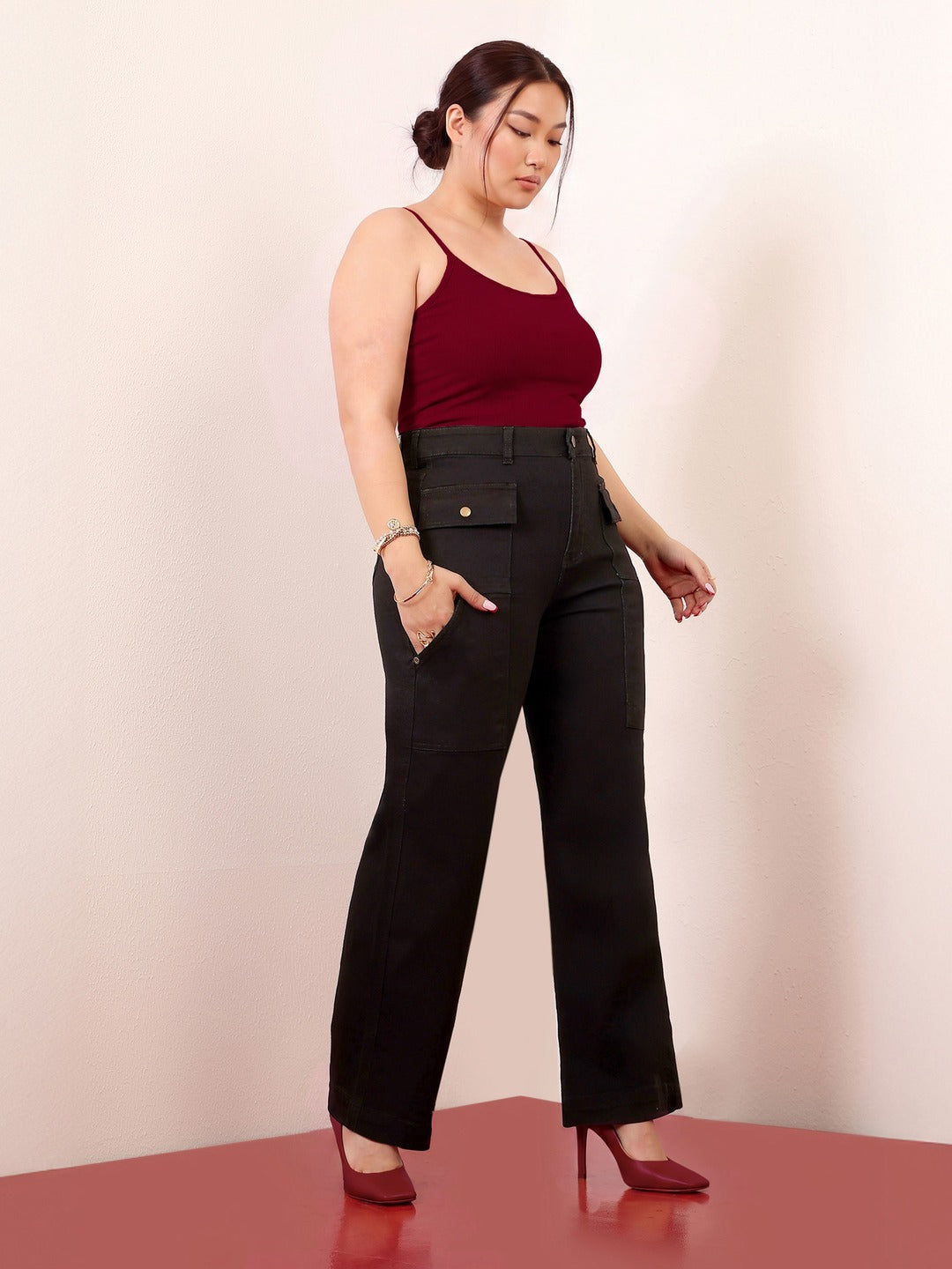 Black flared High rise Regular Stretchable Denim Jeans for Women