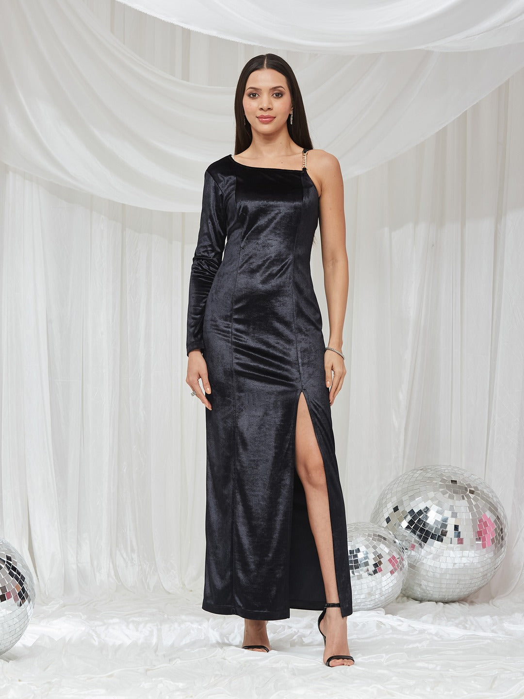 Black Asymmetric Asymmetric Solid Bodycon Maxi Velvet Dress for Women