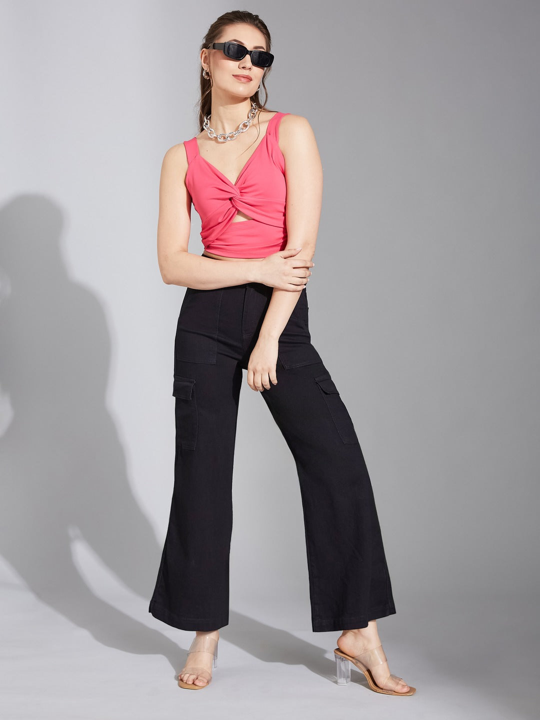 Black Wide-Leg High-Rise Stretchable Denim Cargo Jeans for Women