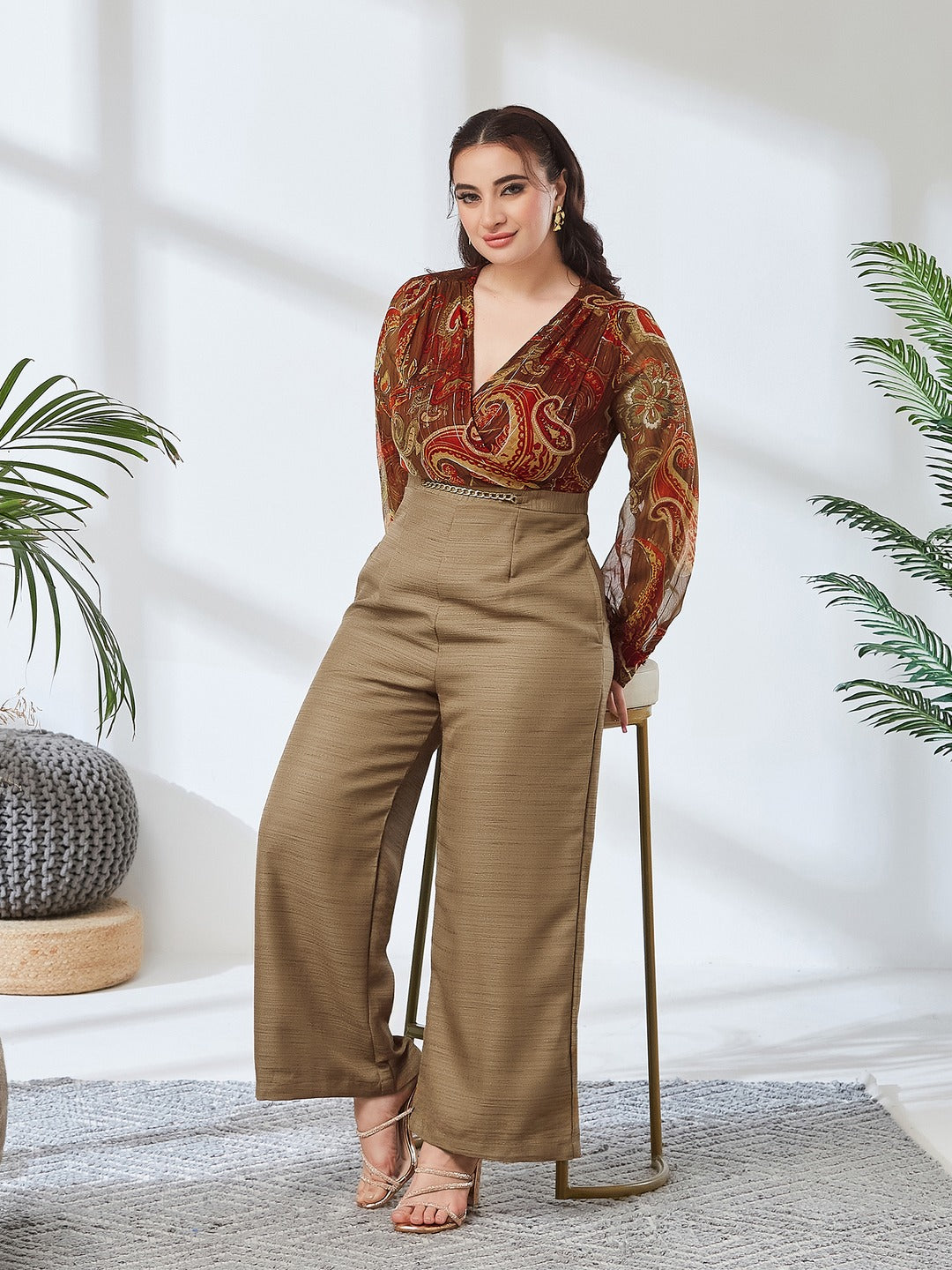 Multicolored V-Neck Bishop Sleeve Bohemian Patterned Straight Leg Wrap Regular Silk Jumpsuit for Women