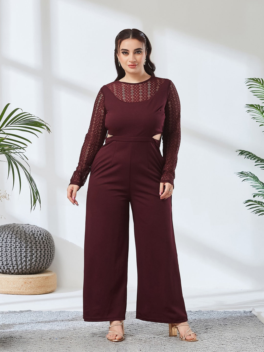 Wine Round Neck Full Sleeve Self Design Cut-out Regular-Length Polyester Jumpsuit for Women