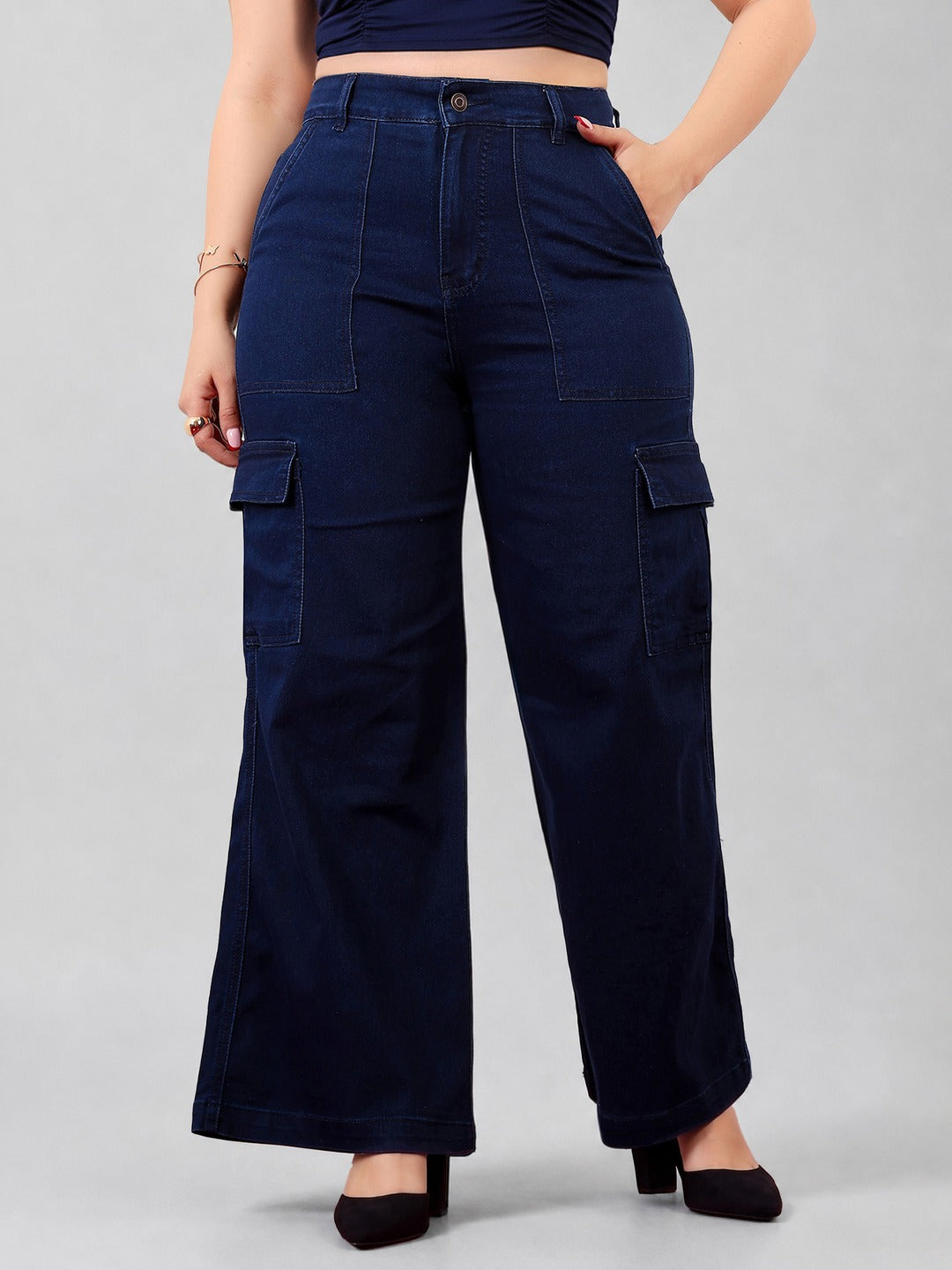 Navy Blue Wide-Leg High-Rise Stretchable Denim Cargo Jeans for Women