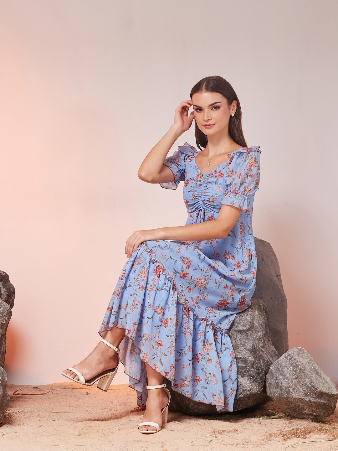 Powder Blue V-Neck Puff Sleeve Floral Ruching Ankle-Length Dress for Women