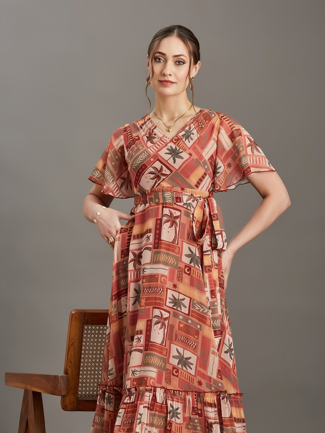 Multicolored Peach Floral V-Neck Flutter Sleeve Wrap Chiffon Maxi Dress for Women