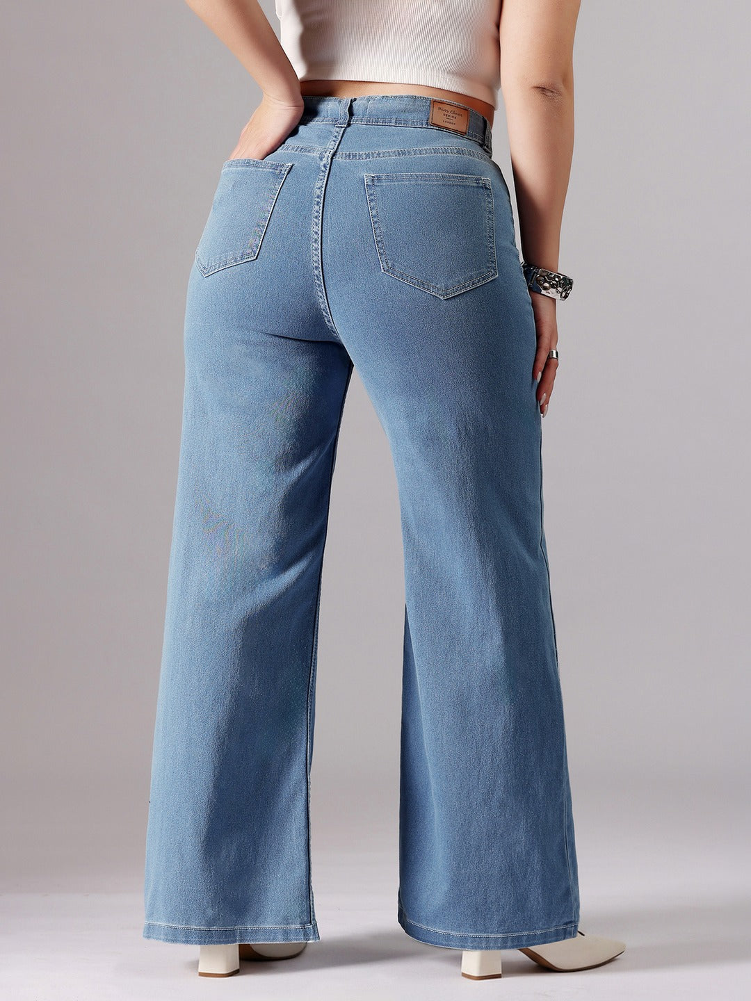 Blue Wide-Leg High-Rise Stretchable Denim Jeans for Women