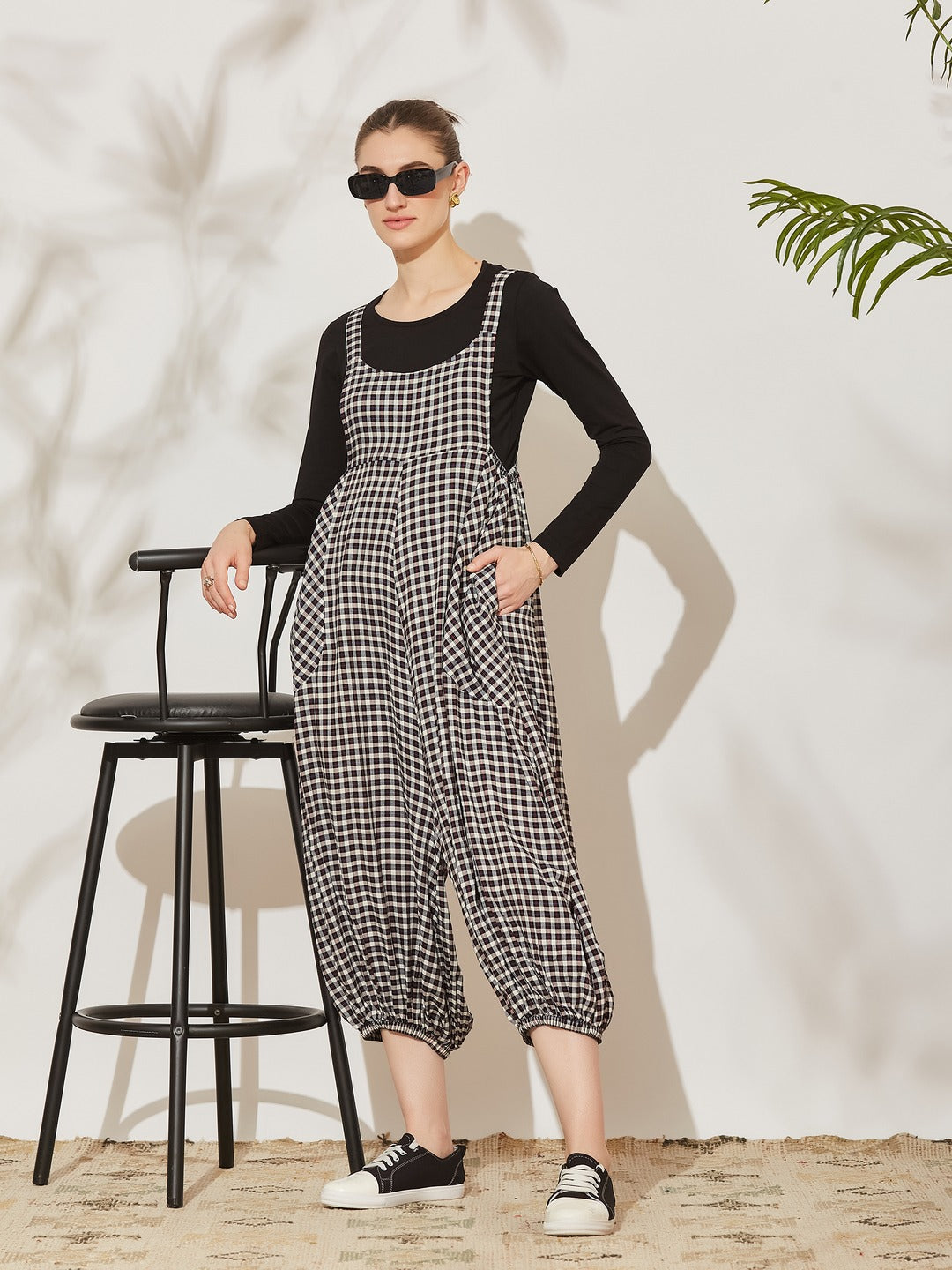 Black Round Neck Full Sleeve Checkered Harem Dungaree Regular Viscose Rayon Dungaree Co-Ord Set for Women