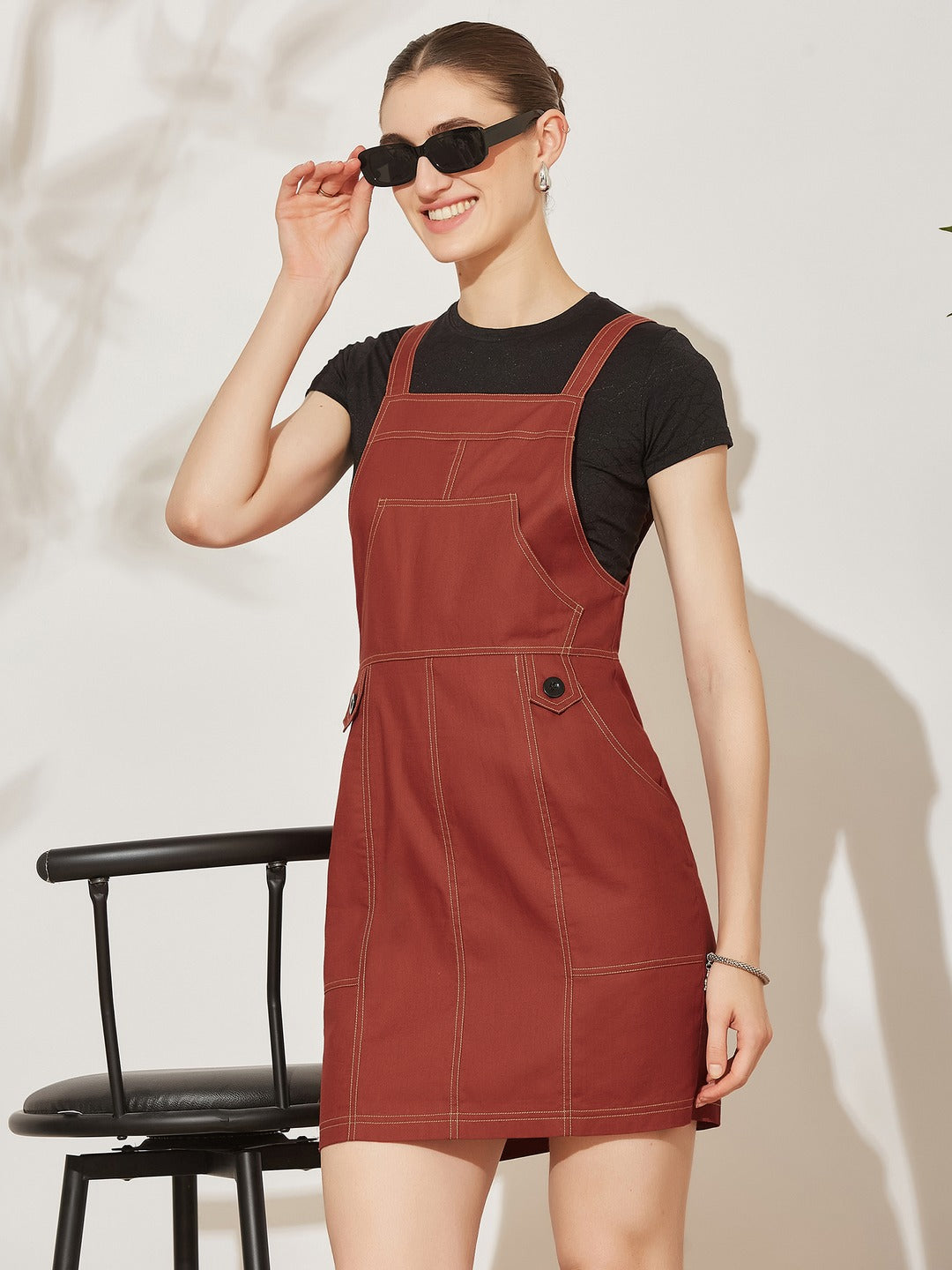 Rust Square Neck Solid Pinafore Knee-Long Cotton Dress for Women