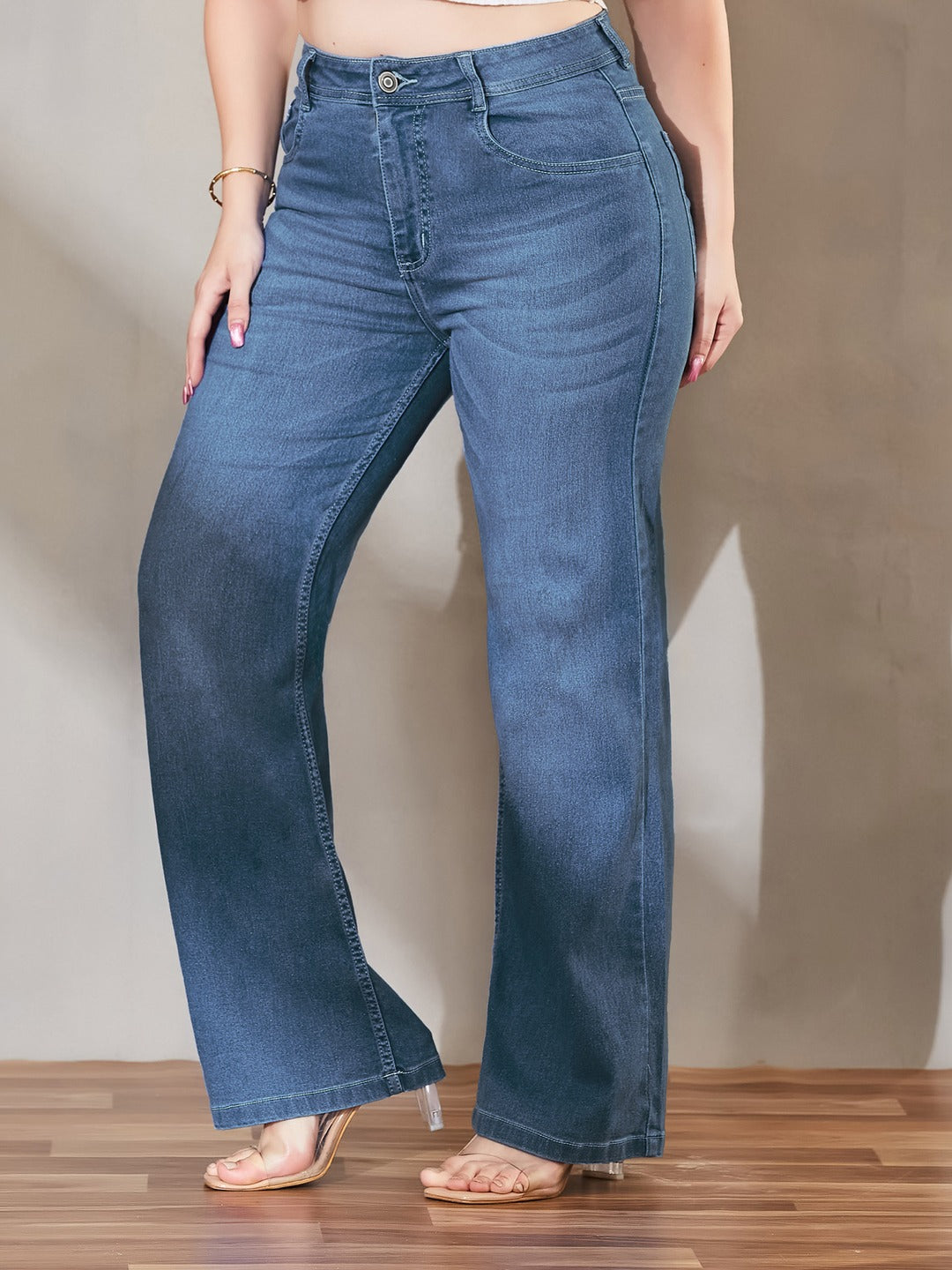 Dark Blue A-Line High-Rise Non-stretchable Denim Midi Skirt for Women