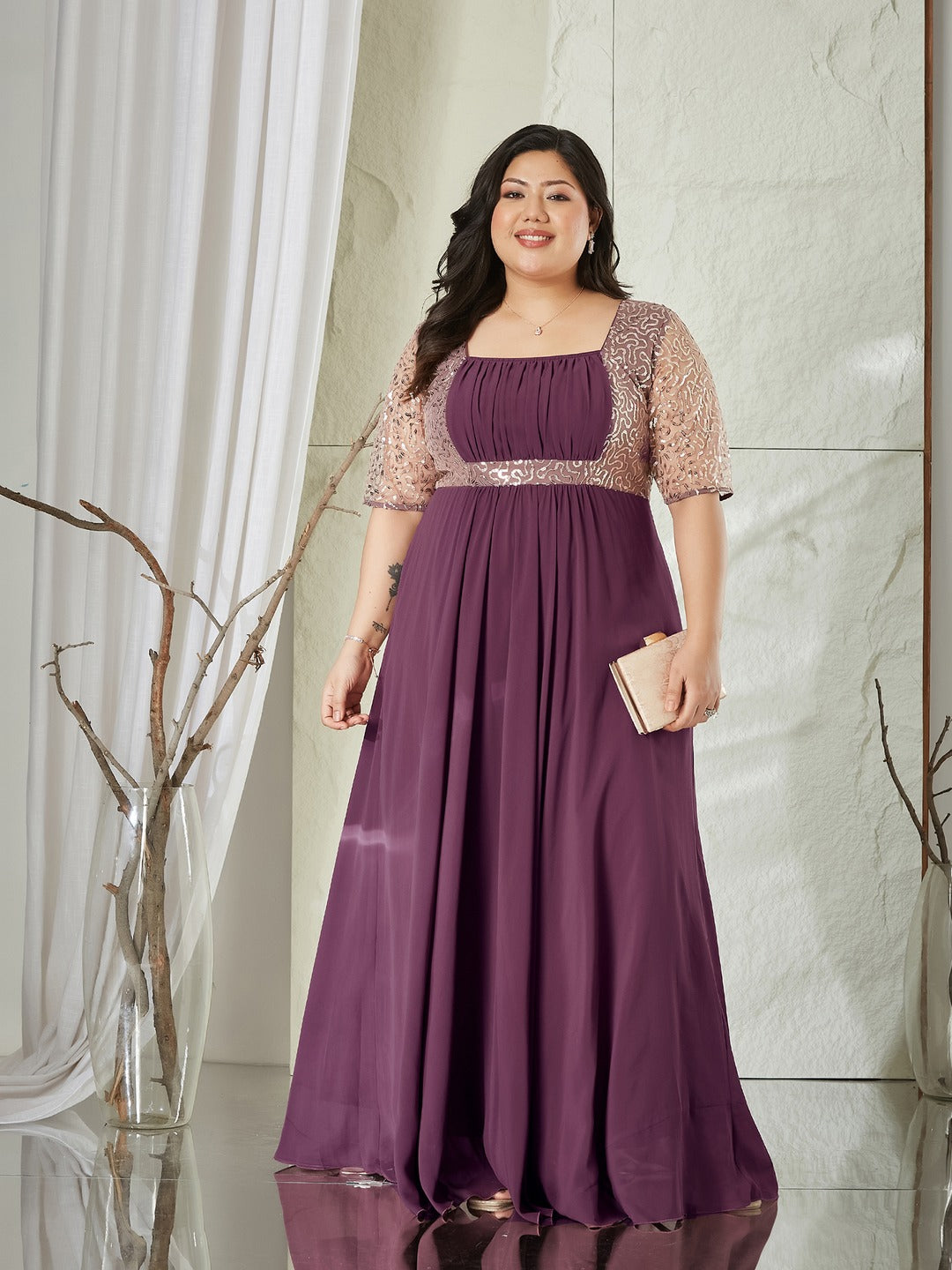 Mauve Square Neck Half Sleeve Solid Embellished Georgette Maxi Dress for Women