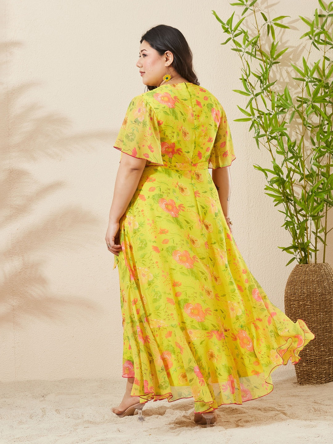 Acid Yellow V-Neck Flared Floral Overlap/Tie-Up Maxi Chiffon Dress for Women