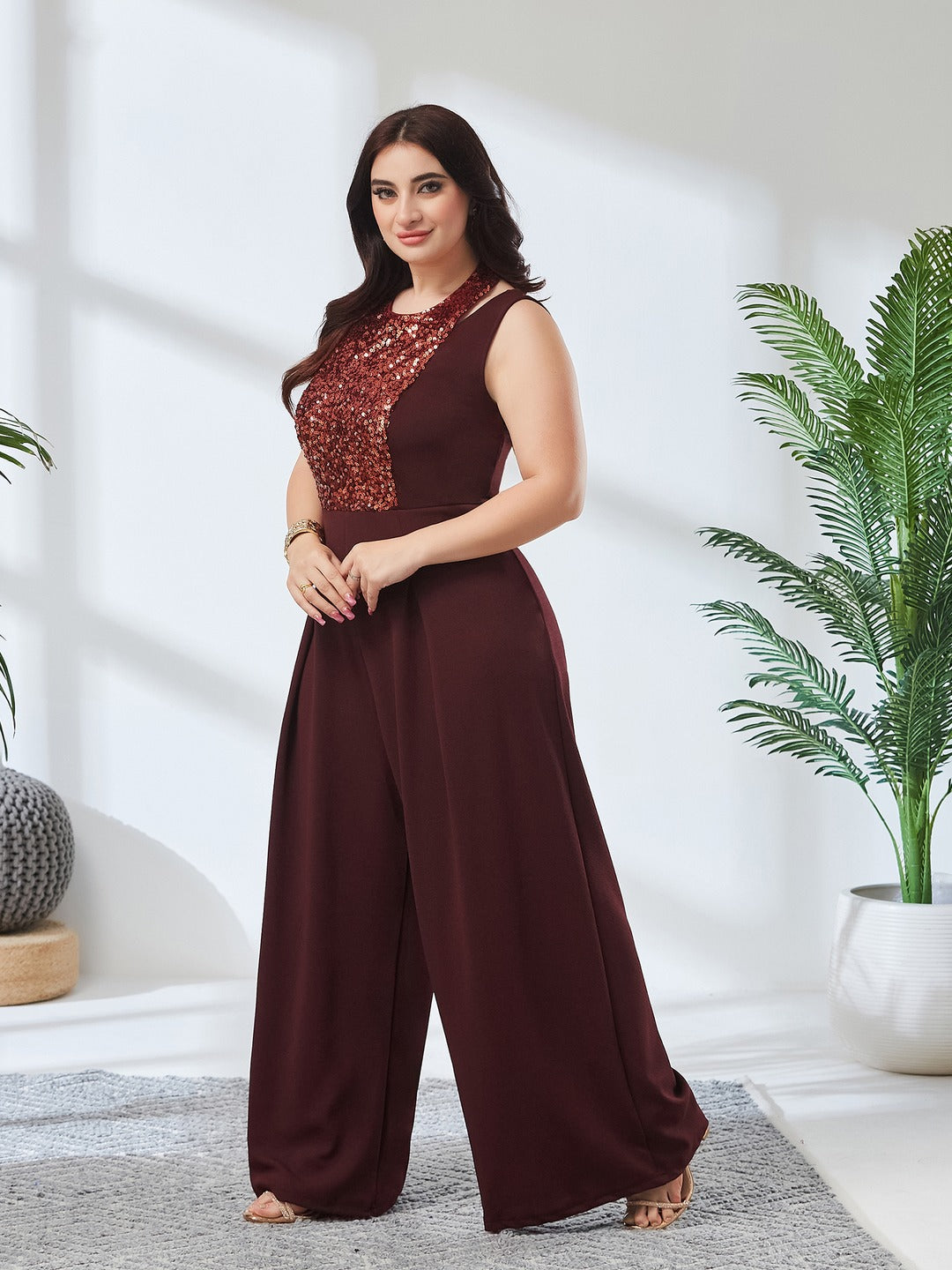Wine Color Halter Neck Sleeveless Solid Pleated/Wide Leg Sequin Paneled Regular Length Jumpsuit for Women
