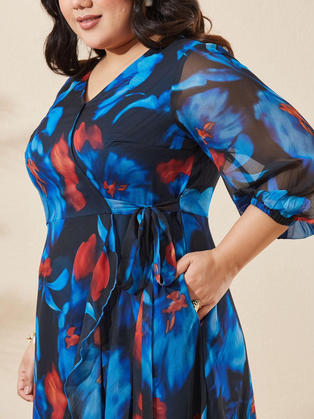 Black Floral V-Neck 3/4 Sleeve Wrap Chiffon Midi Dress for Women