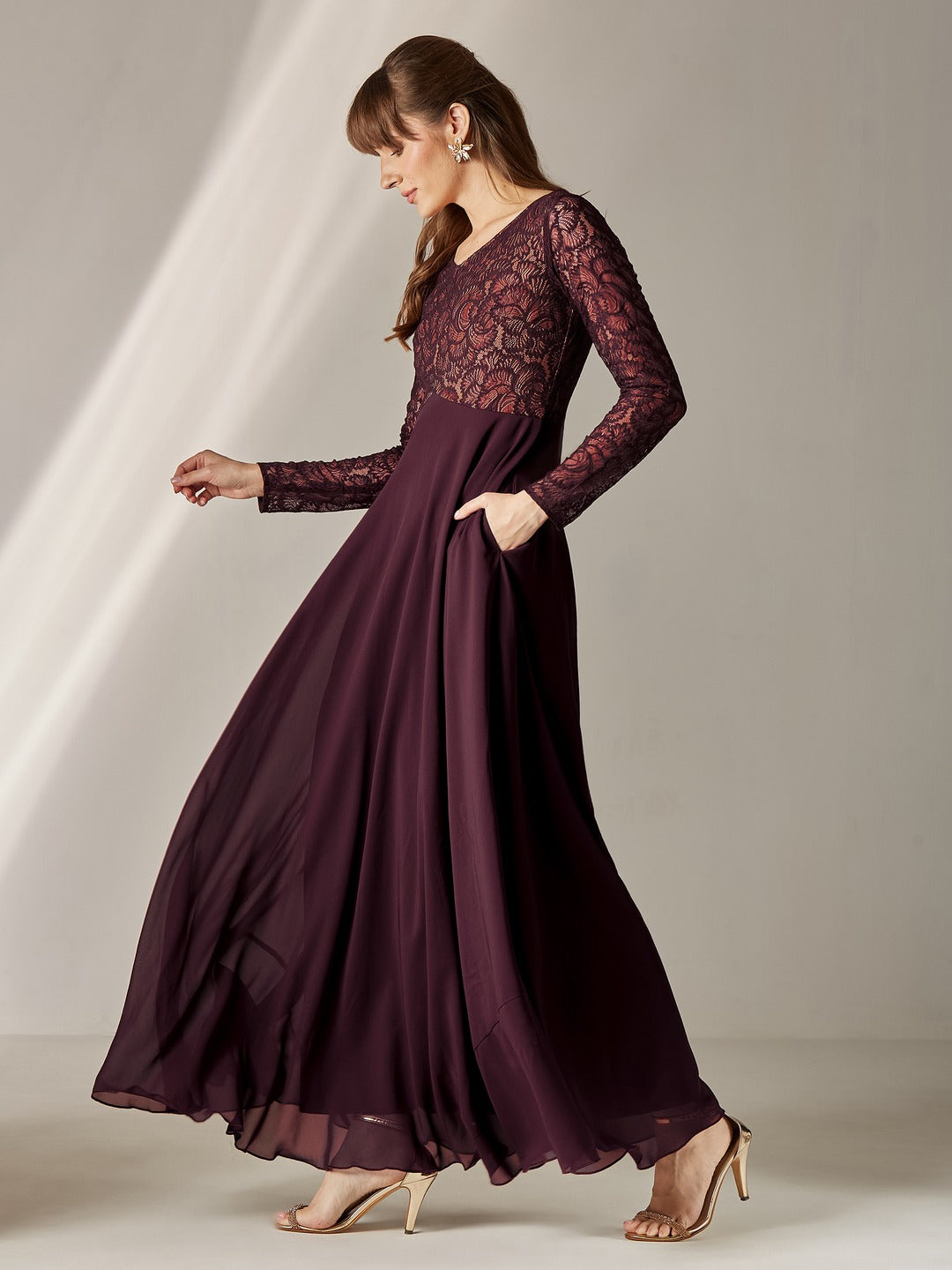 Wine V-Neck Full Sleeve Self Design Lace-Overlaid Georgette Maxi Dress for Women