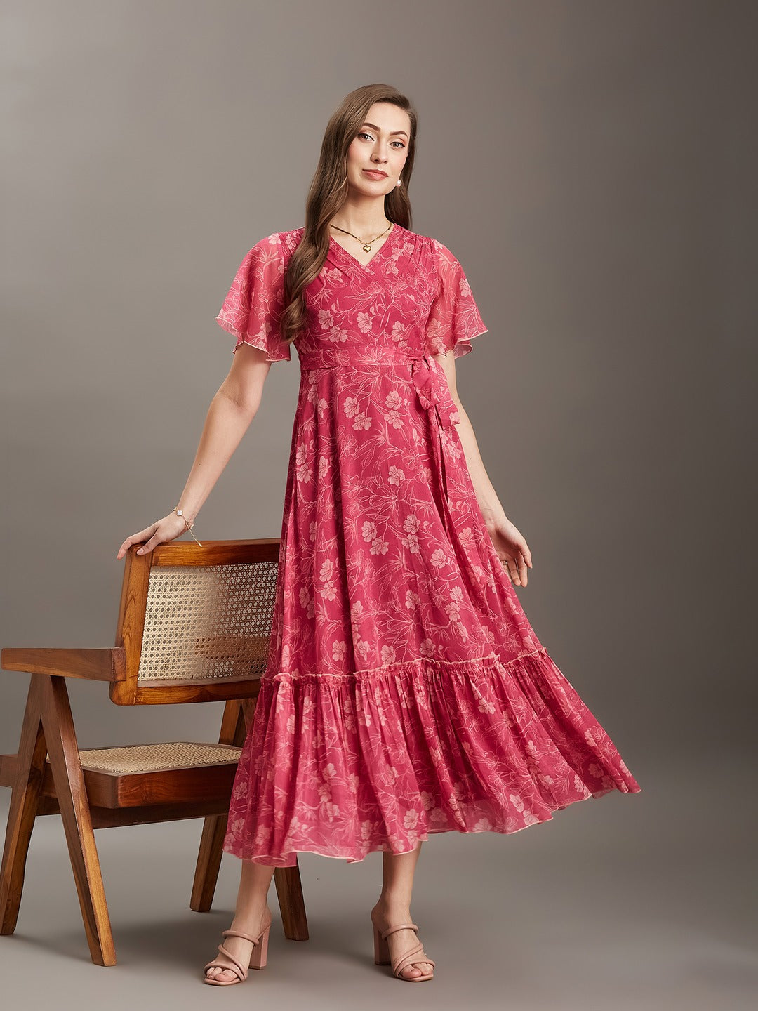 Pink Floral V-Neck Flared Sleeve Wrap Maxi Chiffon Dress for Women