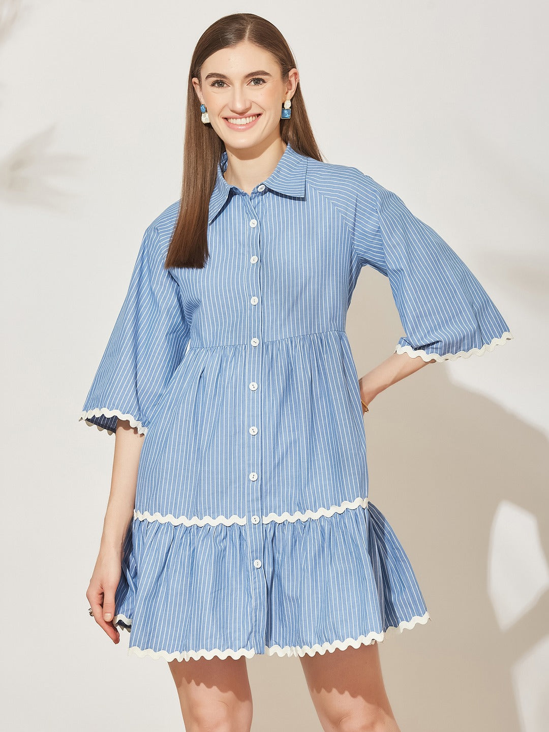 Light Blue Striped Cotton Shirt Dress with Flared Sleeves and Tiered Hem for Women