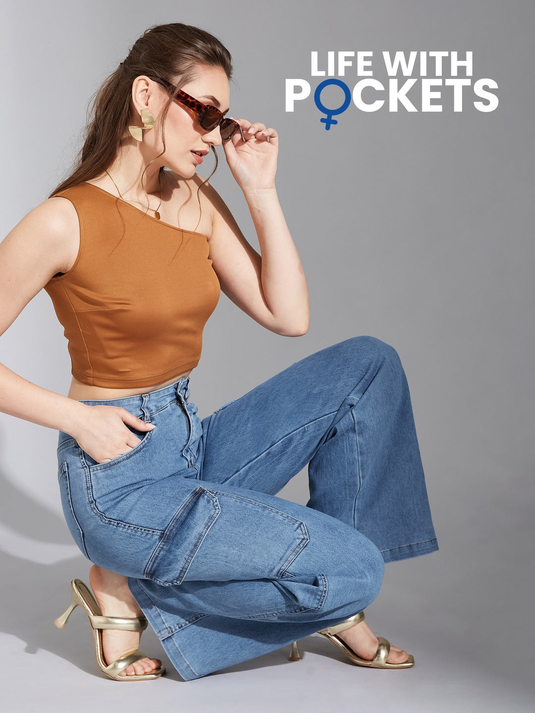 Blue Wide-Leg High-Rise Heavy Wash Stretchable Cargo Denim Jeans for Women