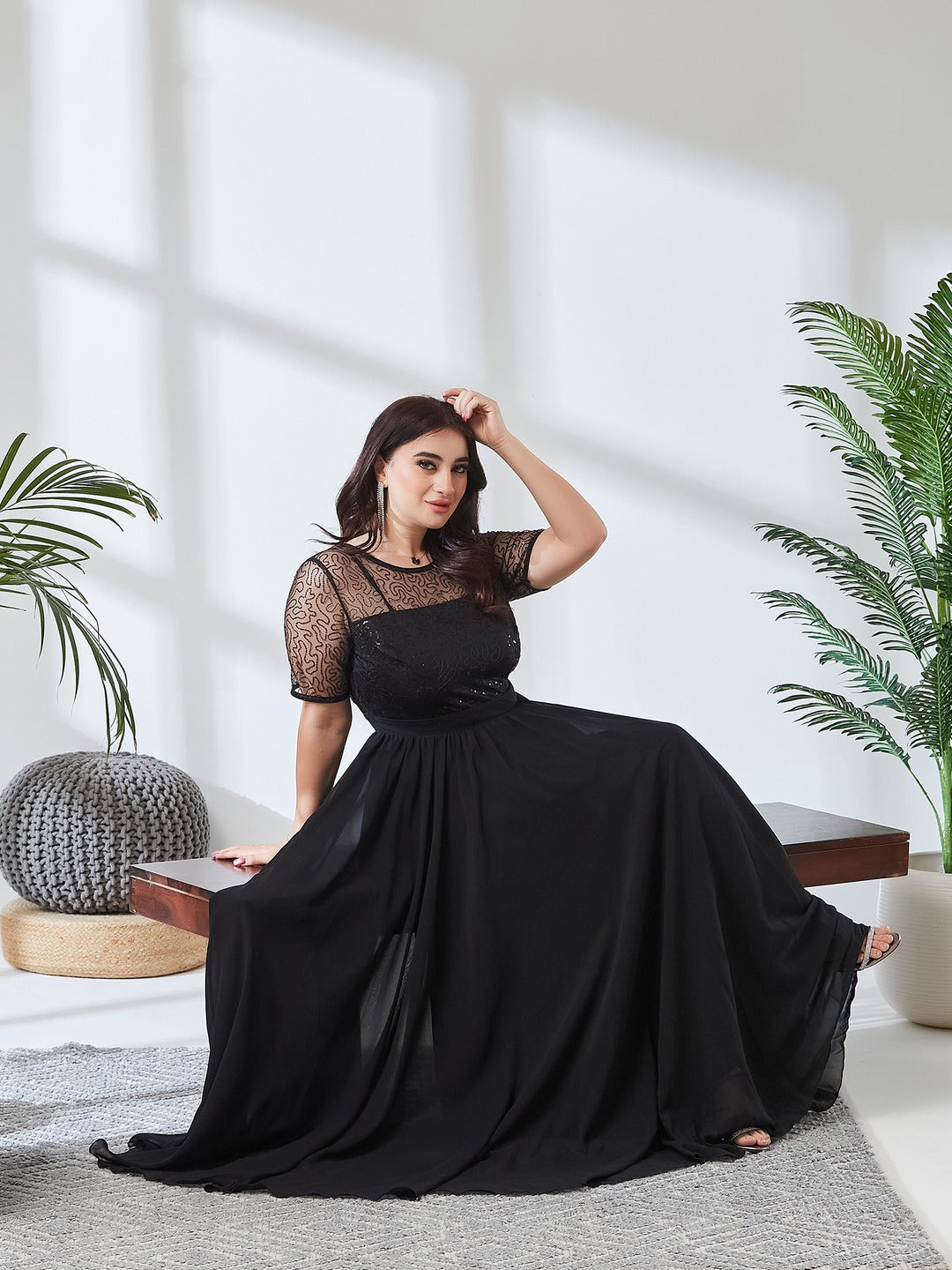Mauve Relaxed Fit Maxi Georgette & Sequins Dress for Women