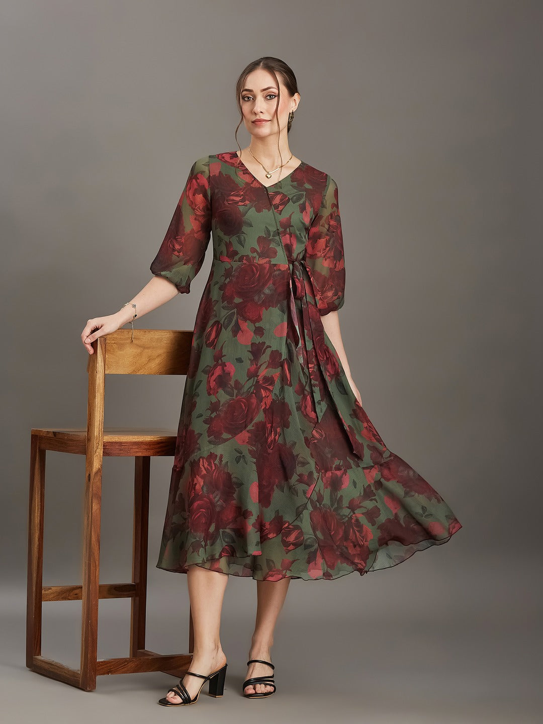 Olive & Wine Floral V-Neck 3/4 Sleeve Wrap Midi Chiffon Dress for Women