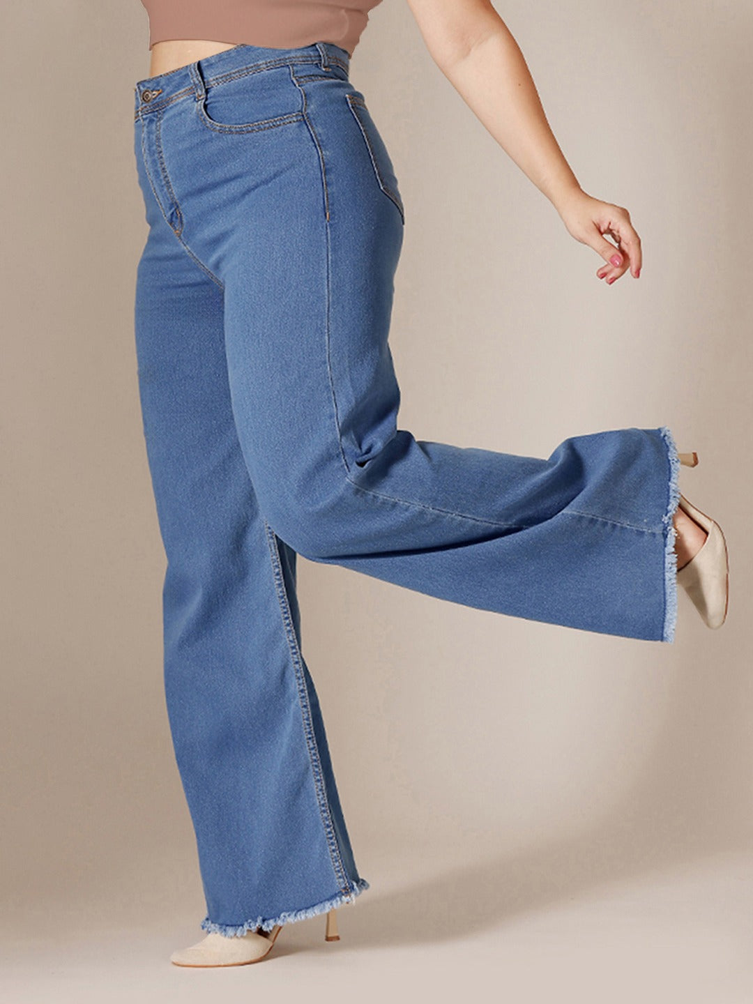 Mid Blue Wide-Leg High-Rise Stretchable Denim Jeans for Women