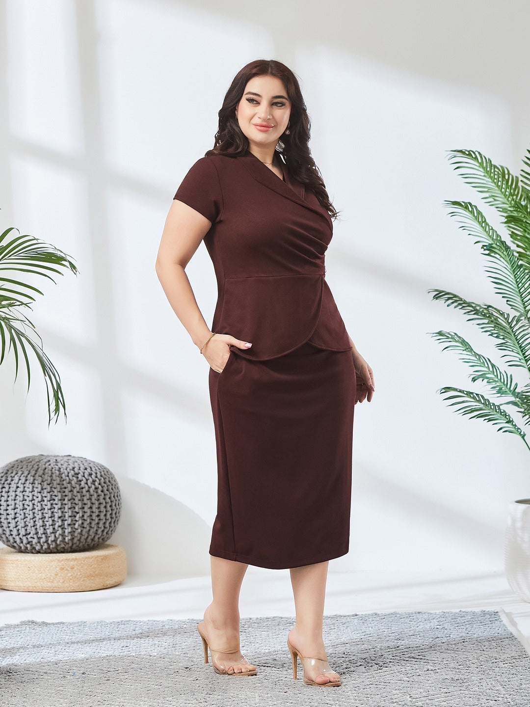 Wine Collared Short-Sleeve Solid Pleated Knee-Long Co-Ord Set for Women