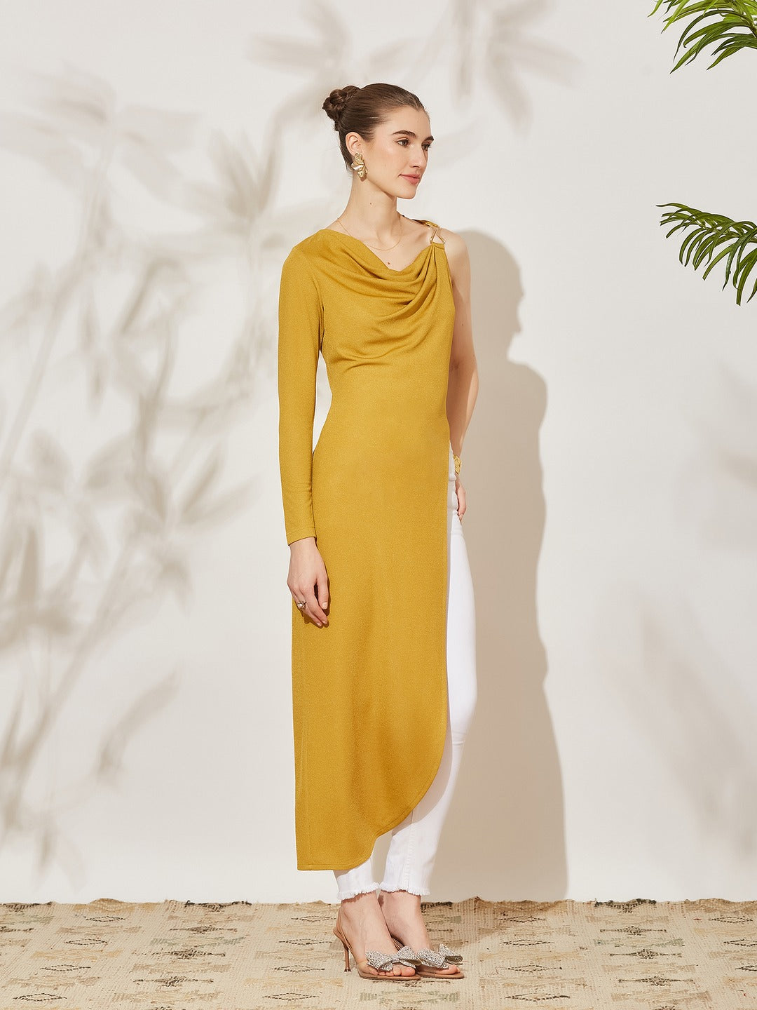 Golden Asymmetric Cowl Full Sleeve Solid Asymmetric Maxi Polyester Top for Women