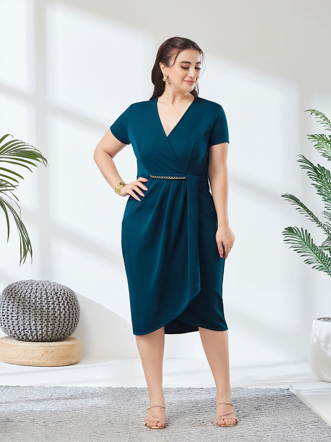 Teal Wrap-Styled Short Sleeve Solid Pleated Knee-Long Dress for Women